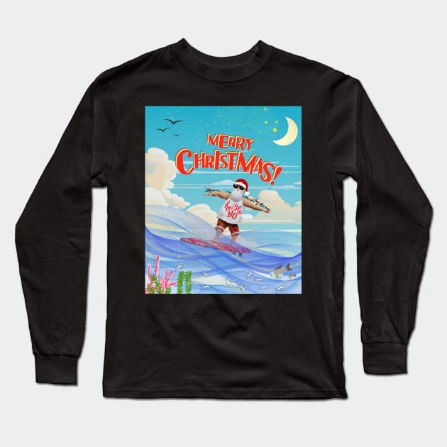 Santa Claus Surfer Long Sleeve T-Shirt by Studio468